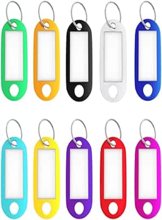 HOMEE Key Tags, 50 Pack Tough Plastic ID Labels Keyring Keychain with Split Ring and White Label - 10 Assorted Colors